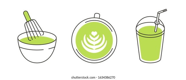 Vector abstract logo and branding design template in trendy linear minimal style - green matcha tea - icon set with cups, whisk, desserts - simple illustrations for asian cafe menu and packaging