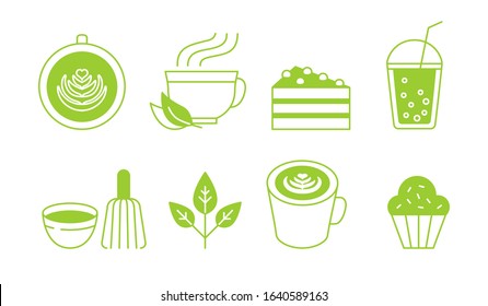 Vector abstract logo and branding design template in trendy linear minimal style - green matcha tea - icon set with cups, whisk, desserts - simple illustrations for asian cafe menu and packaging