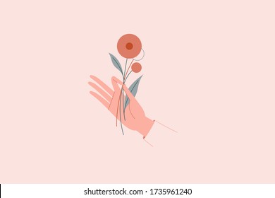 Vector abstract logo and branding design template in trendy linear minimal style - hand holding flowers - concept for natural beauty and organic skincare products, handmade fashion and jewellery 