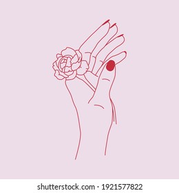 Logo abstracto vectorial y plantilla de diseño de marca en un estilo mínimo lineal. Flor en mano. 