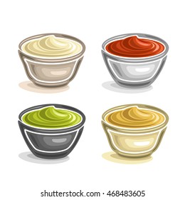 Vector abstract logo ceramic dip bowl, filled different homemade gravy dressing tomato and spicy sauce. set of four bowls with seasoning cream close-up, isolated on white background.