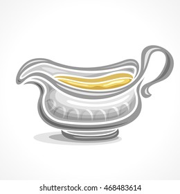 Vector abstract logo ceramic gravy boat with handle, filled homemade yellow sauce close-up, isolated on white background