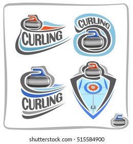 Vector abstract logo Curling Stone on blue ice rink with circles target, decoration sign sport club, simple line red granite stone sliding in goal, isolated icon on white, flat design curling blazon.