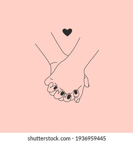 Vector abstract logo design element in minimal one line style. Holding hands, love and friendship concept. Design element for sticker, decal, tattoo.