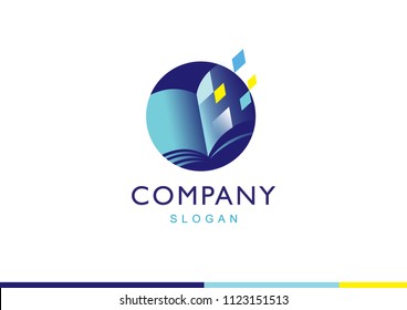 Vector abstract logo design template - online education and learning concept - book icon and pixels - emblem for courses, classes and schools