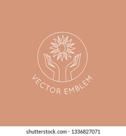 Vector abstract logo design template in trendy linear minimal style - hand with sun - symbol for cosmetics, jewellery, beauty products 