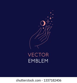 Vector abstract logo design template in trendy linear minimal style - hand with stars and moon - symbol for cosmetics, jewellery, beauty products 