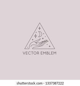 Vector abstract logo design template in trendy linear minimal style - hands with moon and stars - symbol for cosmetics, jewellery, beauty products 