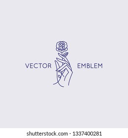 Vector abstract logo design template in trendy linear minimal style - hand with rose - symbol for cosmetics, jewellery, beauty products 