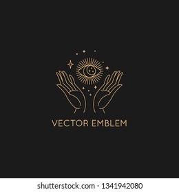 Vector abstract logo design template in trendy linear minimal style - hand with sun and stars - symbol for cosmetics, jewellery, beauty products 