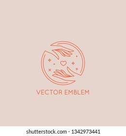 Vector abstract logo design template in trendy linear minimal style - hands with heart - symbol for cosmetics, jewellery, beauty products 