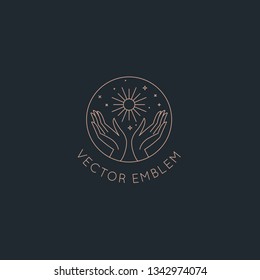 Vector abstract logo design template in trendy linear minimal style - hands with sun, moon and stars - symbol for cosmetics, jewellery, beauty products 