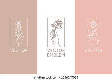 Diseño de logotipo abstracto en un estilo minimalista lineal moderno - manos con rosa y estrellas - símbolo para cosméticos, joyas, productos de belleza 