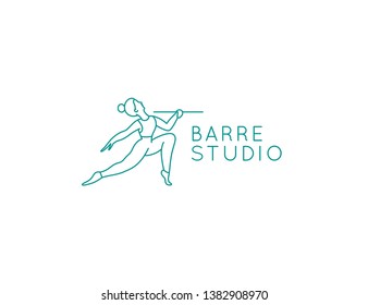 Vector abstract logo design template in trendy linear minimal style - barre studio - woman stretching body in fitness class