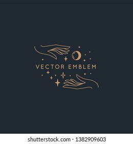 Vector abstract logo design template in trendy linear minimal style - hands with moon and stars - symbol for cosmetics, jewellery, beauty and handmade products, tattoo studios and services 