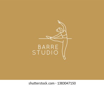 Vector abstract logo design template in trendy linear minimal style - barre studio - woman stretching body in fitness class