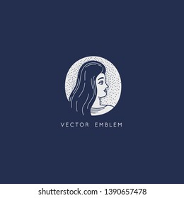 Vector abstract logo design template in trendy linear minimal style, emblem for beauty studio and cosmetics - female portrait, beautiful woman's face 