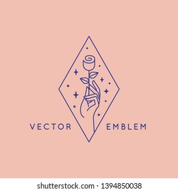 Vector abstract logo design template in trendy linear minimal style - hand with flower and stars - symbol for cosmetics, jewellery, beauty products 