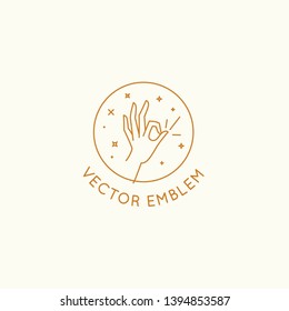 Vector abstract logo design template in trendy linear minimal style - hand in okay gesture - abstract symbol for cosmetics and packaging, jewellery, hand crafted  or beauty products 