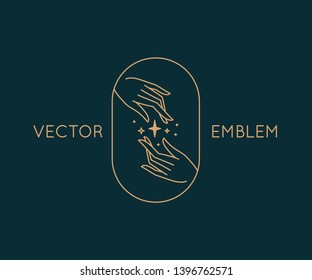 Vector abstract logo design template in trendy linear minimal style - hands with moon and stars - symbol for cosmetics, jewellery, beauty and handmade products, tattoo studios and services 