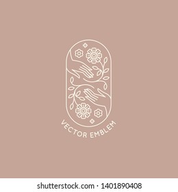 Vector abstract logo design template in trendy linear minimal style - hands with flowers and leaves- symbol for cosmetics, jewellery, beauty products 