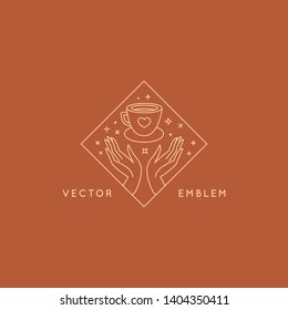 Vector abstract logo design template in trendy linear minimal style - hands with coffee cup - emblem and badge for coffee shops and cafes 