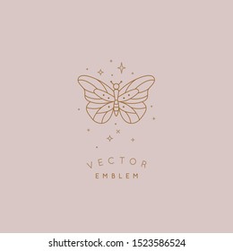 Vector abstract logo design template in trendy linear minimal style - butterfly and stars - concept for cosmetics and beauty products