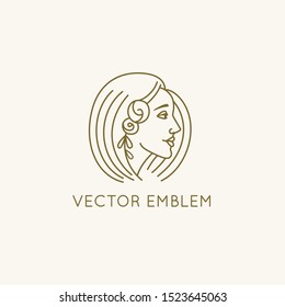 Vector abstract logo design template in trendy linear minimal style, emblem for beauty studio and cosmetics - female portrait, beautiful woman's face 