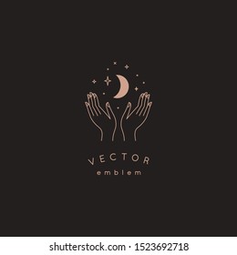 Vector abstract logo design template in trendy linear minimal style - hands and stars - abstract symbol for cosmetics and packaging, jewellery, hand crafted  or beauty products 