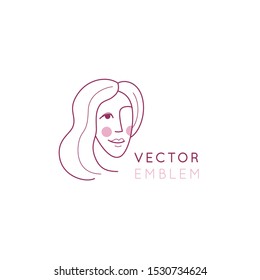Vector abstract logo design template in trendy linear minimal style, emblem for beauty studio and cosmetics - female portrait, beautiful woman's face - badge for make up artist, fashion stylist