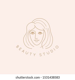 Vector abstract logo design template in trendy linear minimal style, emblem for beauty studio and cosmetics - female portrait, beautiful woman's face - badge for make up artist, fashion stylist