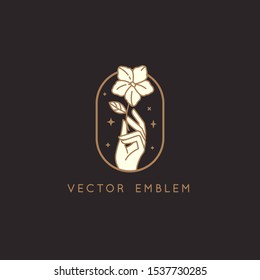 Vector abstract logo design template in trendy linear minimal style - hands with flower and stars - symbol for cosmetics, jewellery, beauty products 