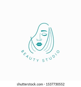 Vector abstract logo design template in trendy linear minimal style, emblem for beauty studio and cosmetics - female portrait, beautiful woman's face - badge for make up artist, fashion stylist, for n