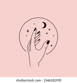 Vector abstract logo design template in trendy linear minimal style - hands and stars - abstract symbol for cosmetics and packaging, jewellery, hand crafted  or beauty products 