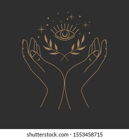 Vector abstract logo design template in trendy linear minimal style - hands and stars - abstract symbol for cosmetics and packaging, jewelry, hand crafted or beauty products