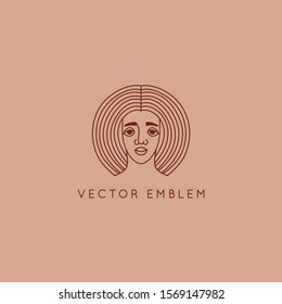 Vector abstract logo design template in trendy linear minimal style, emblem for beauty studio and cosmetics - female portrait, beautiful afro woman's face - badge for make up artist, fashion stylist, 