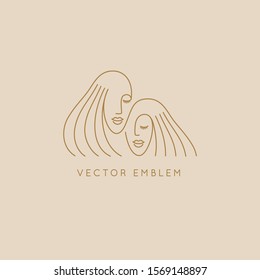 Vector abstract logo design template in trendy linear minimal style, emblem for beauty studio and cosmetics -  female portraits, beautiful women's face - sisters or twins - badge for make up artist, f