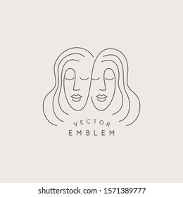 Vector abstract logo design template in trendy linear minimal style, emblem for beauty studio and cosmetics -  female portraits, beautiful women's face - sisters or twins - badge for make up artist, f