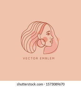 Vector abstract logo design template in trendy linear minimal style, emblem for beauty studio and cosmetics - female portrait, beautiful afro woman's face - badge for make up artist, fashion stylist, 