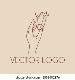 Vector abstract logo design template. Hand with gemstone. Concept of cosmetics, beauty products, jewelery. Linear minimal style vector illustration. With text space