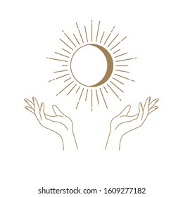 Vector abstract logo design template in trendy linear minimal style - hands , moon and sun - abstract symbol for cosmetics and packaging, jewelry, hand crafted or beauty products