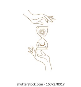 Vector abstract logo design template in trendy linear minimal style - hands and sand clock - abstract symbol for cosmetics and packaging, jewelry, hand crafted or beauty products