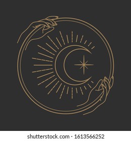 Vector abstract logo design template in trendy linear minimal style - hands holding moon with eye - abstract symbol for cosmetics and packaging, jewelry, hand crafted or beauty products