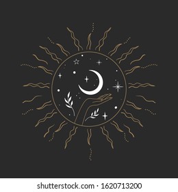 Vector abstract logo design template in trendy linear minimal style - hands , moon and sun - abstract symbol for cosmetics and packaging, jewelry, hand crafted or beauty products