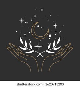 Vector abstract logo design template in trendy linear minimal style - hands , moon and sun - abstract symbol for cosmetics and packaging, jewelry, hand crafted or beauty products