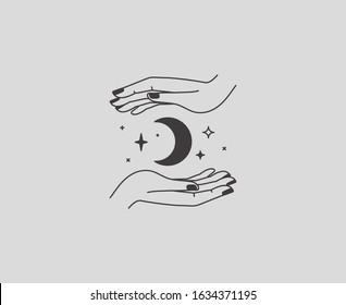 Vector Abstract Logo Design Template In Simple Linear Style - Hands And Stars - Mystic Abstract Symbol For Cosmetics And Packaging, Jewellery, Hand Crafted Or Beauty Products 