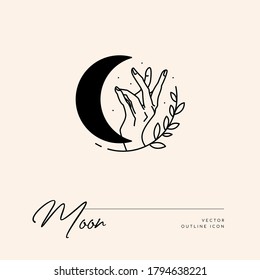 Vector abstract logo design template in trendy linear minimal style - sun, moon and stars - abstract symbol for cosmetics and packaging, jewellery, hand crafted or beauty products