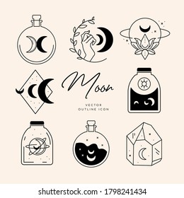 Vector abstract logo design template in trendy linear minimal style - sun, moon and stars - abstract symbol for cosmetics and packaging, jewellery, hand crafted or beauty products