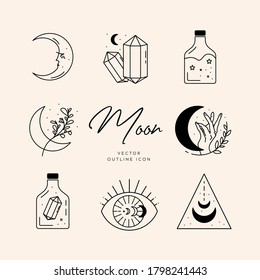 Vector abstract logo design template in trendy linear minimal style - sun, moon and stars - abstract symbol for cosmetics and packaging, jewellery, hand crafted or beauty products