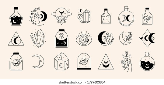 Vector abstract logo design template in trendy linear minimal style - sun, moon and stars - abstract symbol for cosmetics and packaging, jewellery, hand crafted or beauty products